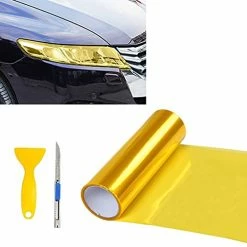 Cheapest ???? 12” X 48” Glossy Yellow Tint Air-Release Vinyl Wrap Film Roll For Car Headlight, Taillight , Fog Lights With Squeegee + Cutter(Glossy Yellow) ✨