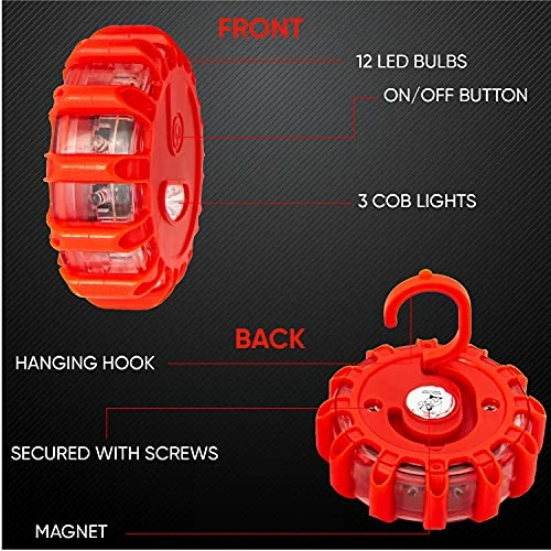 New ???? LED Road Safety Flares Roadside Warning Safety Flare Kit For Car, Truck, RV & Boat With Magnetic Base, Hooks To Hang & Carrying Bag | 4 Beacon Disc Pack With 9 Flash Modes ⌛ 4 New ???? LED Road Safety Flares Roadside Warning Safety Flare Kit For Car, Truck, RV & Boat With Magnetic Base, Hooks To Hang & Carrying Bag | 4 Beacon Disc Pack With 9 Flash Modes ⌛ - Image 2