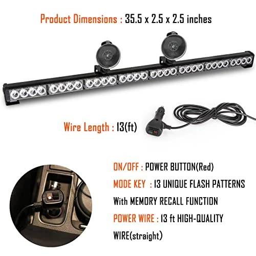New ???? Traffic Advisor Light Bar 35.5 Inch 13 Flash Patterns 32 Led Warning Emergency Strobe Light Bar Directional Flashing Led Safety Lights With Cigar Lighter (35.5 Inch, Yellow/White) ⌛ 5 New ???? Traffic Advisor Light Bar 35.5 Inch 13 Flash Patterns 32 Led Warning Emergency Strobe Light Bar Directional Flashing Led Safety Lights With Cigar Lighter (35.5 Inch, Yellow/White) ⌛ - Image 3