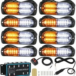 Brand new ???? 8pcs Ultra Slim Sync Feature Car Truck Surface Mount Emergency Hazard Warning Strobe Light With Strobe Controller And Wiring Harness (Amber & White) ????